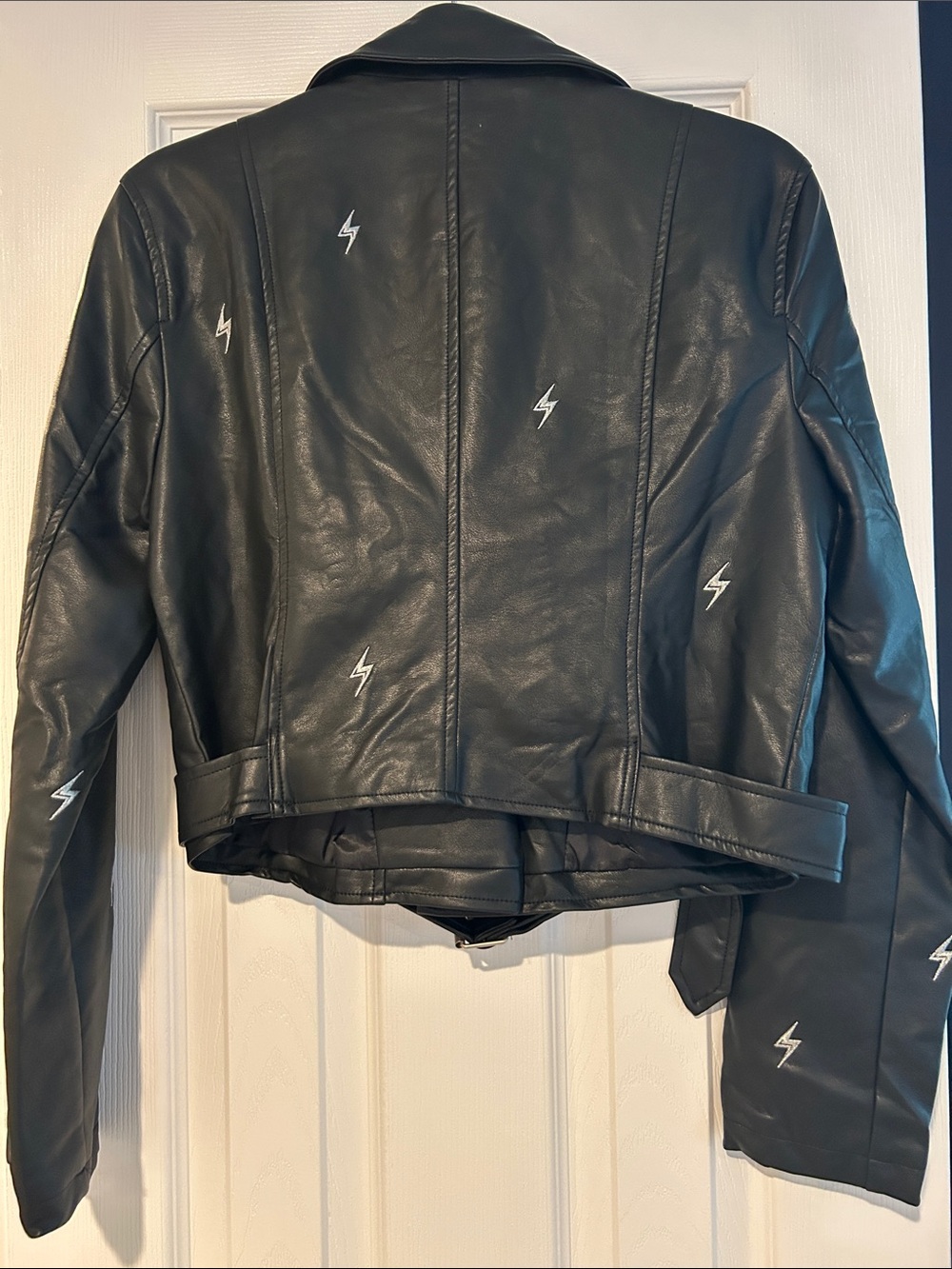 Black Faux Leather Moto Jacket with Lightning Bolt Embroidery
